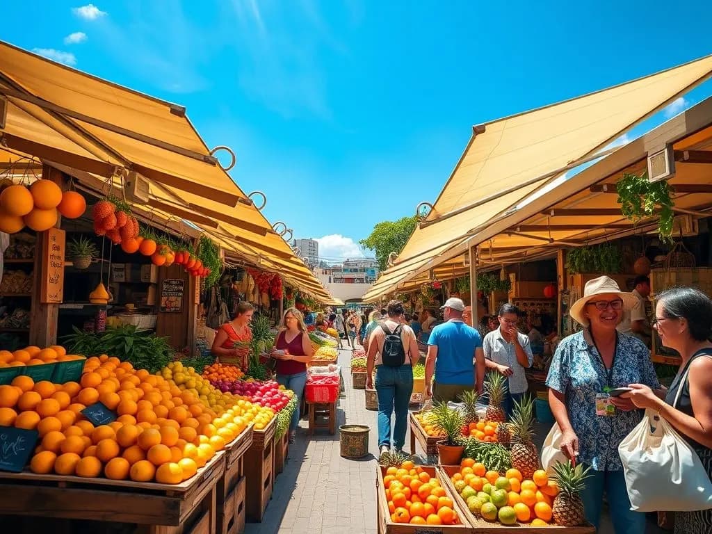 Fruits frais et produits locaux sur un marché de Tenerife.